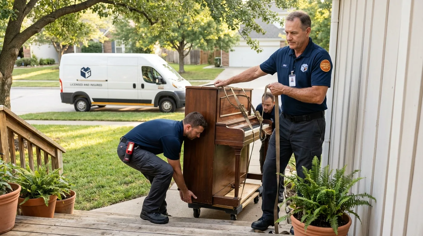 Licensed piano movers securing grand piano in Santa Ynez, CA
