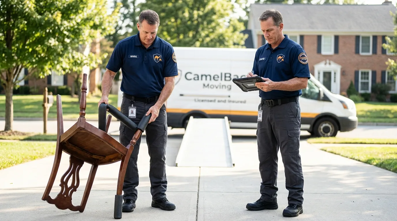 Movers inspecting furniture for damage prevention before loading in Santa Ynez, CA