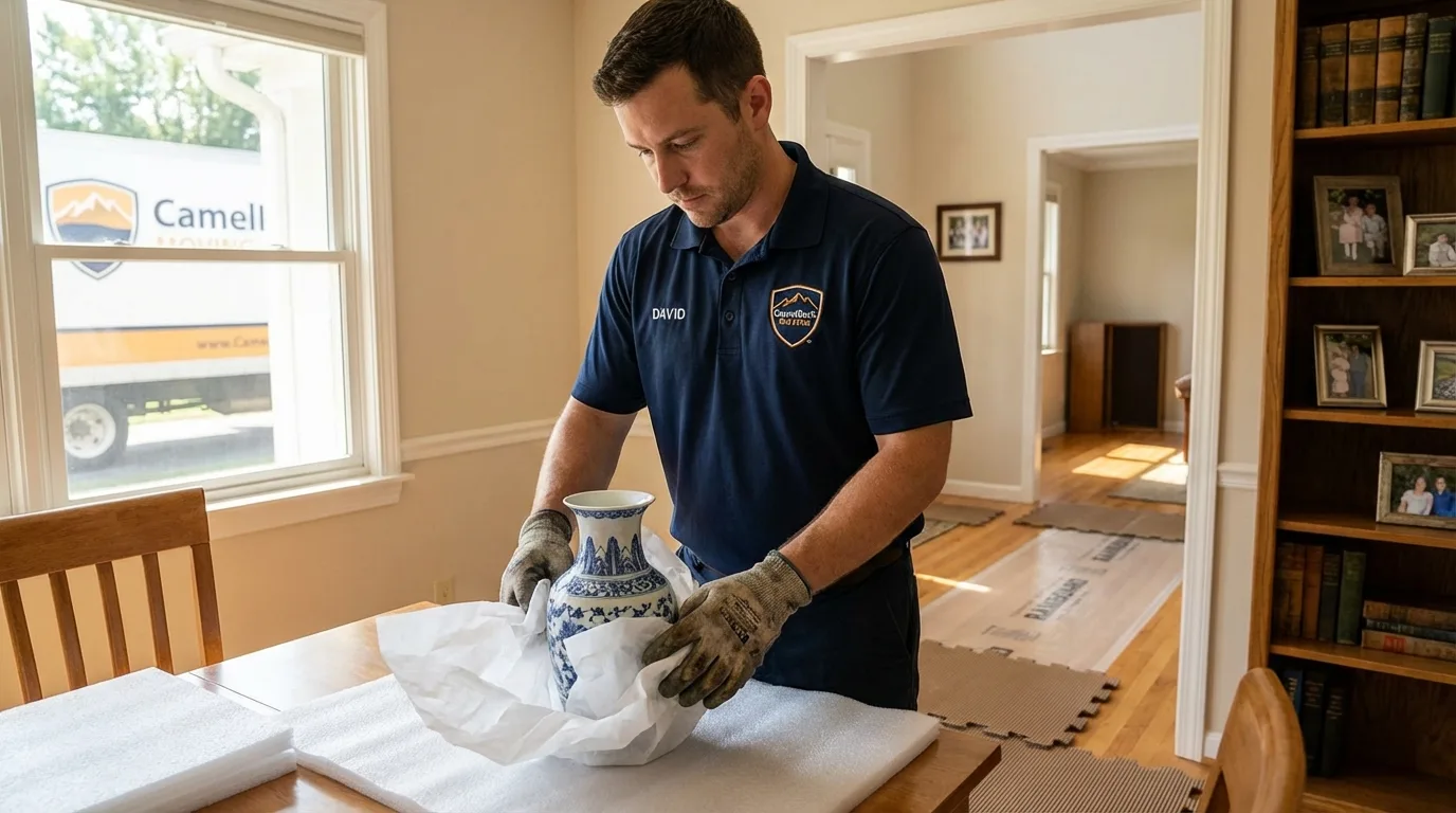 Professional crew carefully wrapping antique vase for senior downsizing move in Santa Ynez, CA